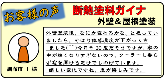 「はちじんの外壁塗装の口コミ」～断熱塗料ガイナ～外壁塗装後、何か変わるかなと思っていましたら、やはり体感温度が下がってきました。今日も30度だそうですが、家の中が熱くなりすぎないのでクーラーもいらず窓を開けるだけでしのいでいます。嬉しい変化ですね。夏が楽しみです。